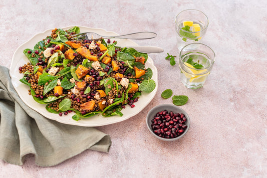 Brown lentil & butternut salad with pomegranates & feta